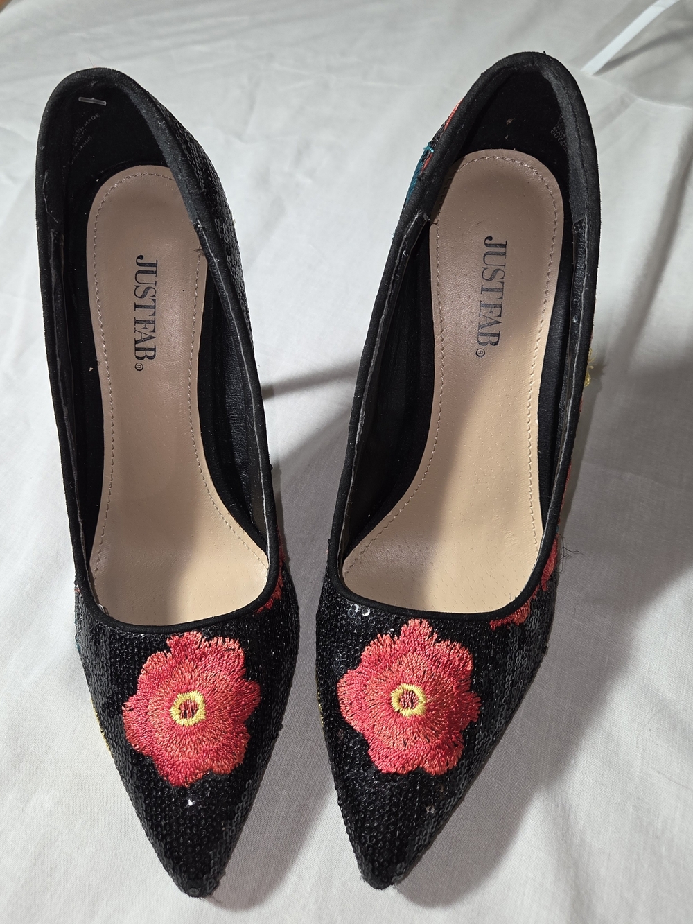 JustFab Black Pointed Pumps with Red Floral Appliqué